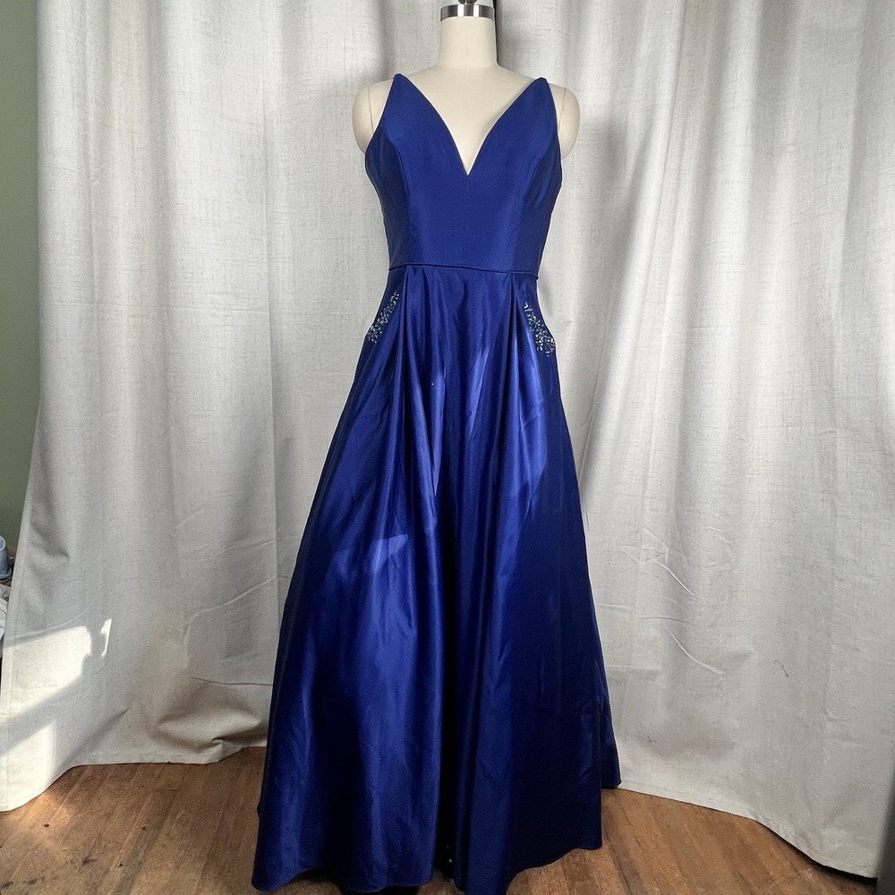 Blondie Nites Royal Blue A Line Satin Ball Gown Homecoming Dress Pockets Sz 13